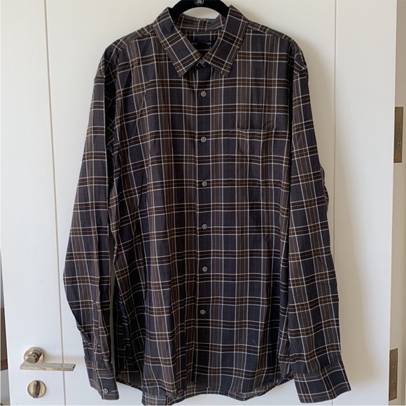 John Varvatos Charcoal Gray Brown White Plaid Cotton Button Down Shirt L